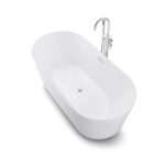 The Luma Freestanding Bathtub features a modern white oval design with a smooth finish and a chrome floor-mounted faucet, shown from an angled top-down view.