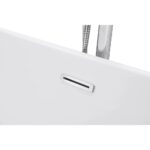 Close-up of the Luma Freestanding Bathtub edge, featuring a rectangular chrome overflow drain and part of a silver flexible shower hose in the background.