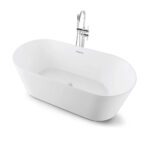 The Luma Freestanding Bathtub in white boasts elegant curved edges and a stylish chrome floor-mounted faucet.