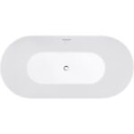 Top view of the Luma Freestanding Bathtub, featuring an empty, oval design with a smooth surface, central drain, and a small overflow hole near one end.