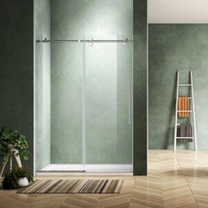A modern bathroom with sage green textured walls, a glass sliding shower door, a striped rug on a wooden herringbone floor, a small potted plant, and a white ladder shelf holding folded towels.