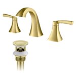 The Vermont 8 Inch Widespread Bathroom Sink Faucet boasts a gold high-arc spout, dual handles for hot/cold water, and a matching gold pop-up drain stopper—all in a sleek, modern design.