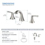 Diagram showing dimensions and installation details of the Vermont 8 Inch Widespread Bathroom Sink Faucet, including spout height, handle height, spout reach, supply lines, max deck thickness, and included drain.