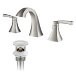 The Vermont 8 Inch Widespread Bathroom Sink Faucet in brushed nickel features dual handles, a curved spout, and a coordinating pop-up drain assembly, shown against a white background.
