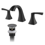 The Vermont 8 Inch Widespread Bathroom Sink Faucet showcases a matte black finish, curved spout, two matching lever handles, and a pop-up drain assembly, all elegantly displayed on a white background.