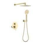 The Halo Pressure Balanced Wall Mount Shower System in matte gold features a round overhead rain shower, handheld showerhead with flexible hose, and wall-mounted control panel with two round knobs.