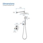 Diagram of the Halo Pressure Balanced Wall Mount Shower System showing measurements for the overhead showerhead, arm, handheld shower, and control panel, with each dimension labeled in mm and inches.