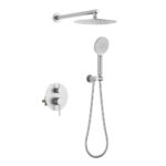 The Halo Pressure Balanced Wall Mount Shower System offers a round rain showerhead, a handheld with hose, and a wall-mounted two-knob control panel—all in a sleek metallic design.