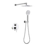 The Halo Pressure Balanced Wall Mount Shower System features a modern chrome finish, a round wall-mounted showerhead, a handheld shower with hose, and a round control panel with two black handles.