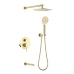 The Halo Pressure Balanced Wall Mount Shower System in matte gold includes a round rain shower head, handheld shower with hose, dual-knob control panel, and a horizontal bar for accessory mounting.