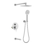 The Halo Pressure Balanced Wall Mount Shower System features a round overhead rain shower, handheld showerhead with hose, dual-knob controls, and horizontal bar—all in a sleek silver finish.