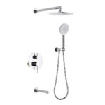 The Halo Pressure Balanced Wall Mount Shower System offers a round overhead rain shower, a handheld showerhead with flexible hose, wall-mounted controls, and a horizontal support bar for contemporary convenience.