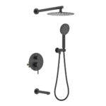 The Halo Pressure Balanced Wall Mount Shower System in matte black features a round rain shower head, handheld shower with hose, wall controls, and a stubby tub spout, all set against a crisp white background.