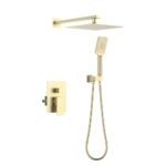 The Quadra Pressure Balanced Wall Mount Shower System in brushed gold offers a modern square rainfall showerhead, a handheld shower with flexible hose, and a sleek rectangular lever control panel.