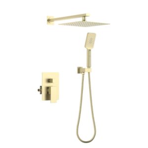 The Quadra Pressure Balanced Wall Mount Shower System in brushed gold offers a modern square rainfall showerhead, a handheld shower with flexible hose, and a sleek rectangular lever control panel.