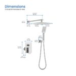 Labeled diagram of the Quadra Pressure Balanced Wall Mount Shower System, showing dimensions in millimeters for the wall-mounted rain showerhead, handheld shower, hose, and control valve.