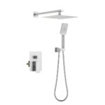 The Quadra Pressure Balanced Wall Mount Shower System features a square overhead rain shower, handheld showerhead on a flexible hose, and a sleek brushed metal rectangular control panel with lever handle.