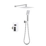 The Quadra Pressure Balanced Wall Mount Shower System features a modern chrome finish, square rainfall showerhead, handheld showerhead with flexible hose, and a sleek rectangular wall-mounted control panel.
