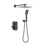 The Quadra Pressure Balanced Wall Mount Shower System includes a square overhead rainfall showerhead, rectangular handheld shower with hose, and matching wall-mounted control panel in matte black.