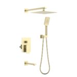 The Quadra Pressure Balanced Wall Mount Shower System in matte gold includes a square overhead rain shower, handheld showerhead with hose, wall-mounted faucet, and a square control panel with lever handle.