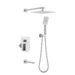 The Quadra Pressure Balanced Wall Mount Shower System features a square overhead rain shower, rectangular handheld showerhead with flexible hose, wall-mounted control panel, and compact spout in a clean, minimalist design.