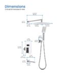 Diagram displaying millimeter dimensions of the Quadra Pressure Balanced Wall Mount Shower System, with labeled measurements for the square overhead rain shower, handheld shower, control panel, and faucet spout.