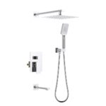 The Quadra Pressure Balanced Wall Mount Shower System features a square rainfall showerhead, handheld shower with hose, wall-mounted controls, and spout in a sleek, minimalist design with clean lines and a polished finish.