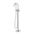 The Halo Floor Mount Tub Filler With Hand Shower features a sleek curved spout, handheld attachment, and cylindrical base, all set against a clean white background.