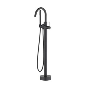 The Halo Floor Mount Tub Filler With Hand Shower is modern with a matte black finish, curved spout, cylindrical base, single lever handle, and an attached handheld shower hose.