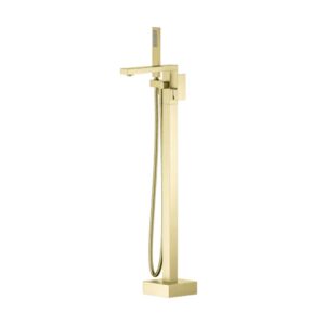 A modern, freestanding gold bathtub faucet with a rectangular base, flat spout, and an attached handheld showerhead on a flexible hose.