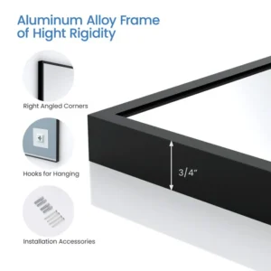 Close-up of a black 3/4 inch aluminum alloy frame with right-angled corners for Metal Framed Mirrors. Insets display hanging hooks, installation accessories, and right-angle detail. Text: "Aluminum Alloy Frame of High Rigidity.