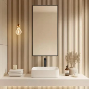 Minimalist bathroom features Metal Framed Mirrors, a square white sink, stacked towels, dried plants in a vase, soap, candle, and a hanging exposed bulb light against vertical wooden slat wall panels.