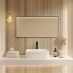 A modern bathroom showcases Metal Framed Mirrors above a floating vanity with a rectangular white sink, stacked towels, bottles, a vase with dried plants, a wall sconce, and vertical wood slat paneling.