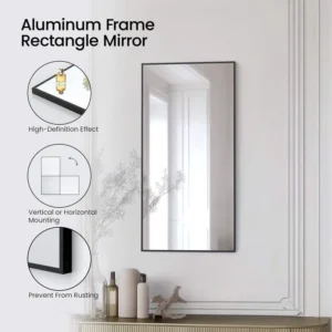 The Metal Framed Mirrors feature an aluminum frame and high-definition reflection, can be mounted vertically or horizontally, and are rust-resistant. Circular graphics illustrate each benefit in a bright white room.