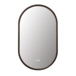 The Zen LED Mirrors feature a modern, minimalist oval design with a dark brown frame and three touch buttons at the bottom center, making them perfect for contemporary spaces.