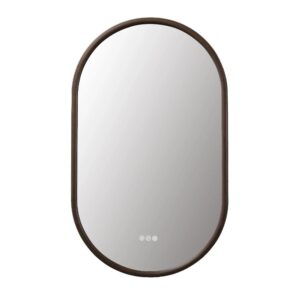 The Zen LED Mirrors feature a modern, minimalist oval design with a dark brown frame and three touch buttons at the bottom center, making them perfect for contemporary spaces.