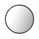 The Zen LED Mirror features a round design with a dark, slim frame and three touch-sensitive icons centered at the bottom of the reflective surface.
