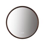 The Zen LED Mirror features a round design with a dark wooden frame and three subtle touch controls at the bottom center, highlighted against a plain white background for modern elegance.