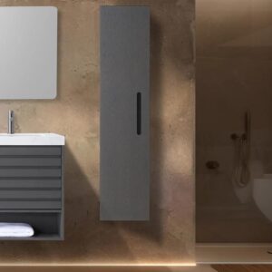 Modern bathroom with a floating gray vanity, rectangular mirror, Cartisan Design Side Cabinets, and a shower area highlighted by warm ambient lighting.