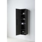 The Cartisan Design Side Cabinets are tall, dark wall-mounted units with double doors opened to reveal shelves neatly stocked with toiletries, rolled towels, and bottles set against a plain white wall.