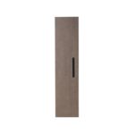 A tall, rectangular, brown wooden door with a vertical black handle, centered on a plain white background.