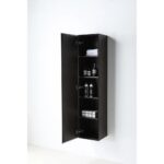 The Cartisan Design Side Cabinet, tall and dark wooden with one open door, displays four shelves holding towels, bottles, jars, and small boxes against a plain white background.