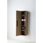 The Cartisan Design Side Cabinets are wooden, wall-mounted cabinets with open doors, showing three shelves filled with toiletries, towels, and bottles against a plain white background.