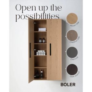 A wall-mounted Cartisan Design Side Cabinet with open doors reveals shelves with toiletries. Text says “Open up the possibilities.” Four wood finishes are labeled: Pecan Oak, Chestnut Oak, Charcoal, Dark Walnut. BOLER is shown at the bottom.