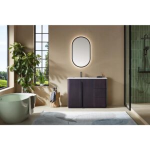 Modern bathroom featuring a Parma 48 Inch Bathroom Vanity With Top, a freestanding tub, oval backlit mirror, large window, green plant, and a glass-enclosed shower with green tile walls. Natural light fills the space.