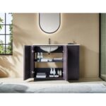 The Parma 48 Inch Bathroom Vanity With Top features open cabinet doors displaying neatly arranged shelves with towels and supplies. Above the vanity are a white sink, tall faucet, and rounded rectangular mirror for a modern look.