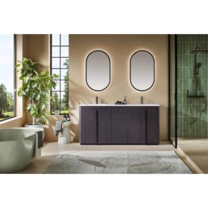 Modern bathroom with a Parma 72 Inch Double Bathroom Vanity With Top, double sinks, two oval mirrors, a green tiled shower, freestanding bathtub, potted plant, large windows with outdoor views, and a stylish rug on the floor.