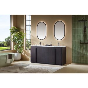 Modern bathroom featuring a Parma 72 Inch Double Bathroom Vanity With Top, freestanding tub, large green plant, two oval mirrors with backlighting, a green tiled shower, and large windows that fill the space with natural light.