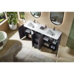 A modern bathroom showcasing the Parma 72 Inch Double Bathroom Vanity With Top, open cabinet doors displaying organized towels and toiletries, two mirrors above, a large plant, a bathtub, and a light-colored rug on the floor.