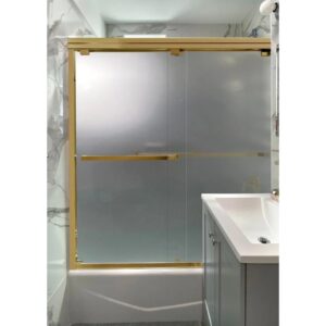 A modern bathroom features an ASD Cascade Shower Door – Bypass Sliding with a gold frame and one frosted privacy panel. Next to it is a white sink on a gray vanity, set against a marble-patterned wall.